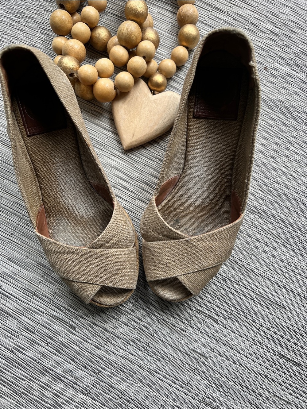 Tory Burch Tan Canvas Filipa Peep Toe Wedge Espadrille Womens Size 7B